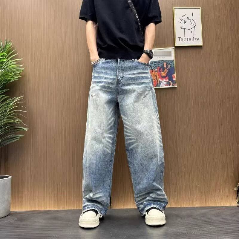 Vintage Washed Distressed Denim Jeans for Men Relaxed Fit Straight Leg Wide Hem Retro Style