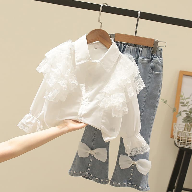 Girls Spring And Autumn Children's Lace Lapel Long Sleeve Shirt + Bow Nailed Jeans Two Sets