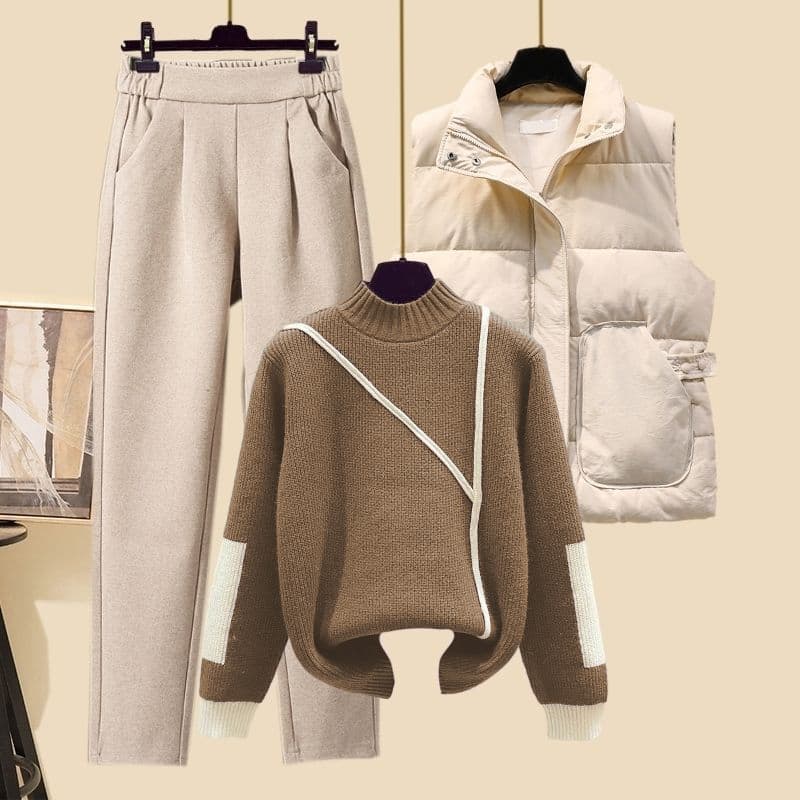 Women's Clothing New Suits For Women Thickened Vest High Collar Knitted Sweater Carrot Pants Three Piece Suit Spring Autumn Winter