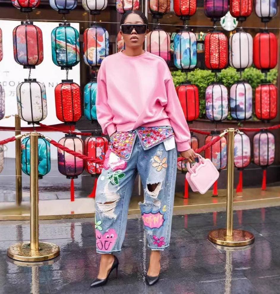 Trendy Rhinestone Embellished Distressed Jeans For Women - High Waist Straight Leg Denim Pants With Printed Design - Comfortable Stretch Fabric