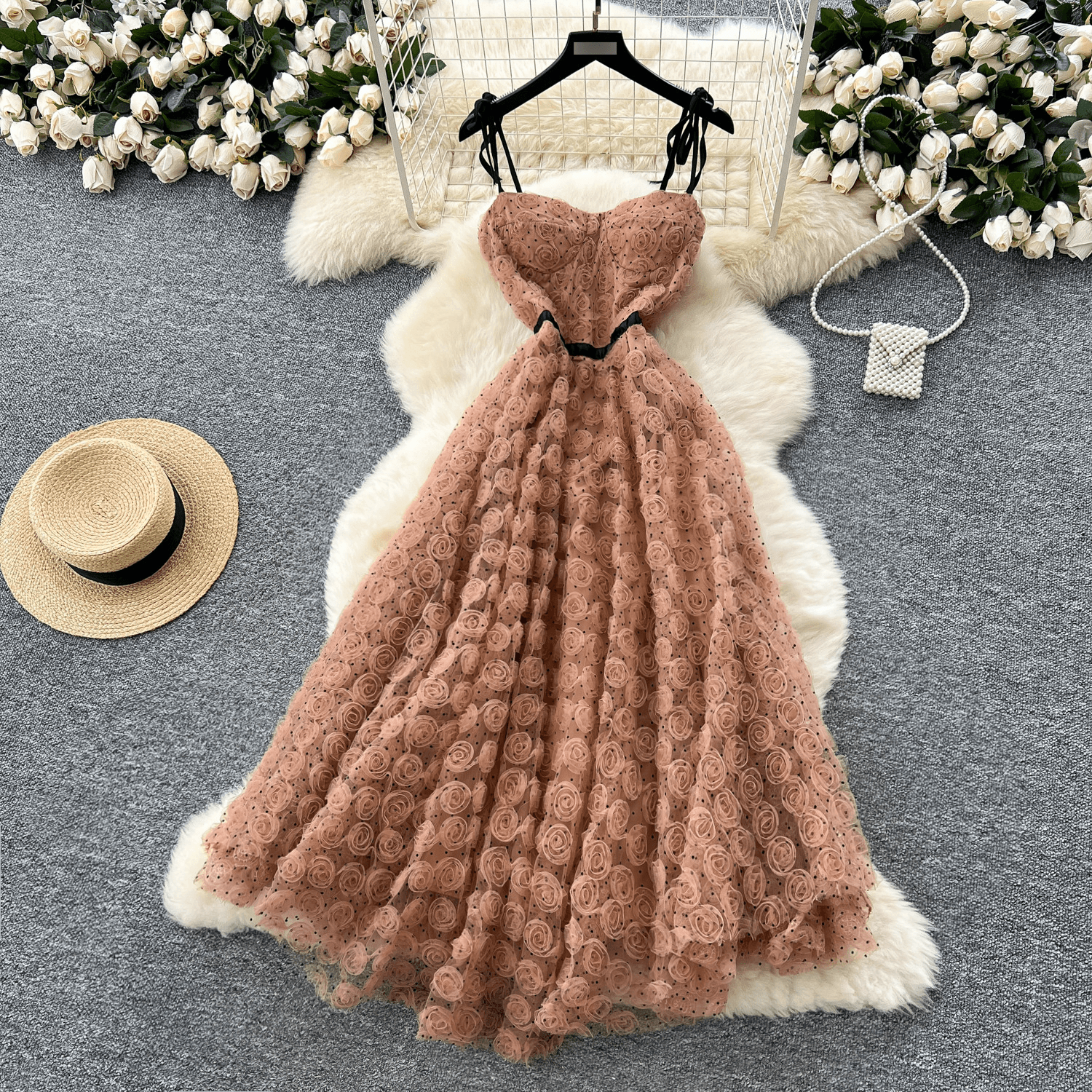 French New Dress Dress Female 2025 Summer Light 1 Socialite Waist Slimming Three Dimensional Flower Suspender Long Skirt