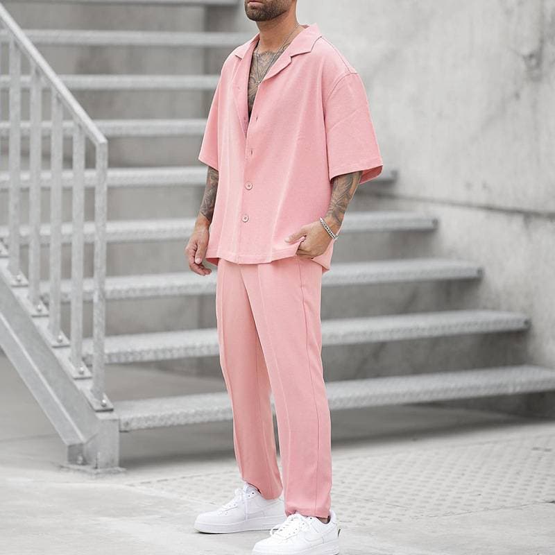 Men's Casual Loose Hollow Short-sleeved Shirt Shorts Fashionable Black Men's Suit Men's Two-piece Set