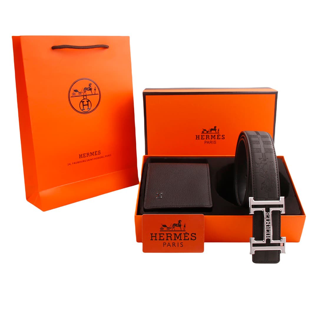 Ensemble portefeuille et ceinture pour homme en cuir noir avec boucle en H