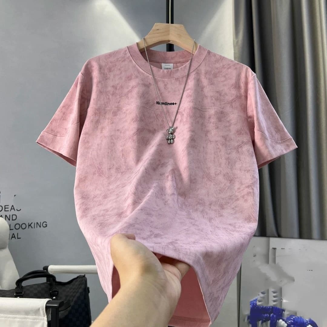 Summer Men's Short Sleeve T-Shirt Solid Color Simple Trendy High End Tie Dye Letter Print Breathable Polyester Top