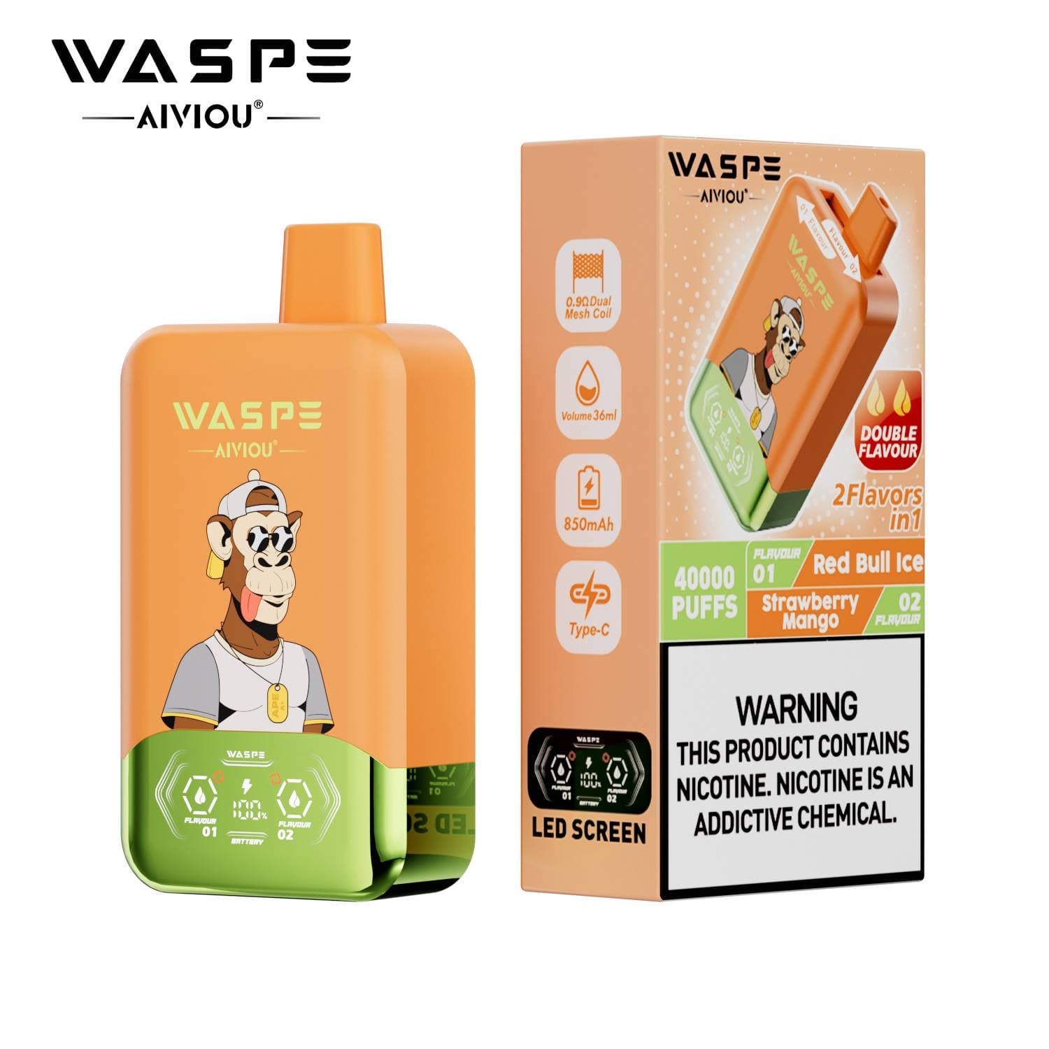 Waspe Double Saveur 40 000 bouffées 40k Entrepôt UE Cigarette électronique jetable 2 en 1 Boîte de bouffées Vapotage avec deux saveurs Double c