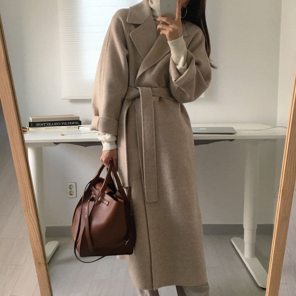 Women's Mid-length Woolen Suit Collar Loose Tie Double-sided Woolen Coat