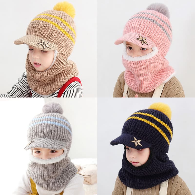 Designer children's plush knitted hat autumn and winter 2-5 years old boy and girl baby plus fluff line wind protection ear bib one hat