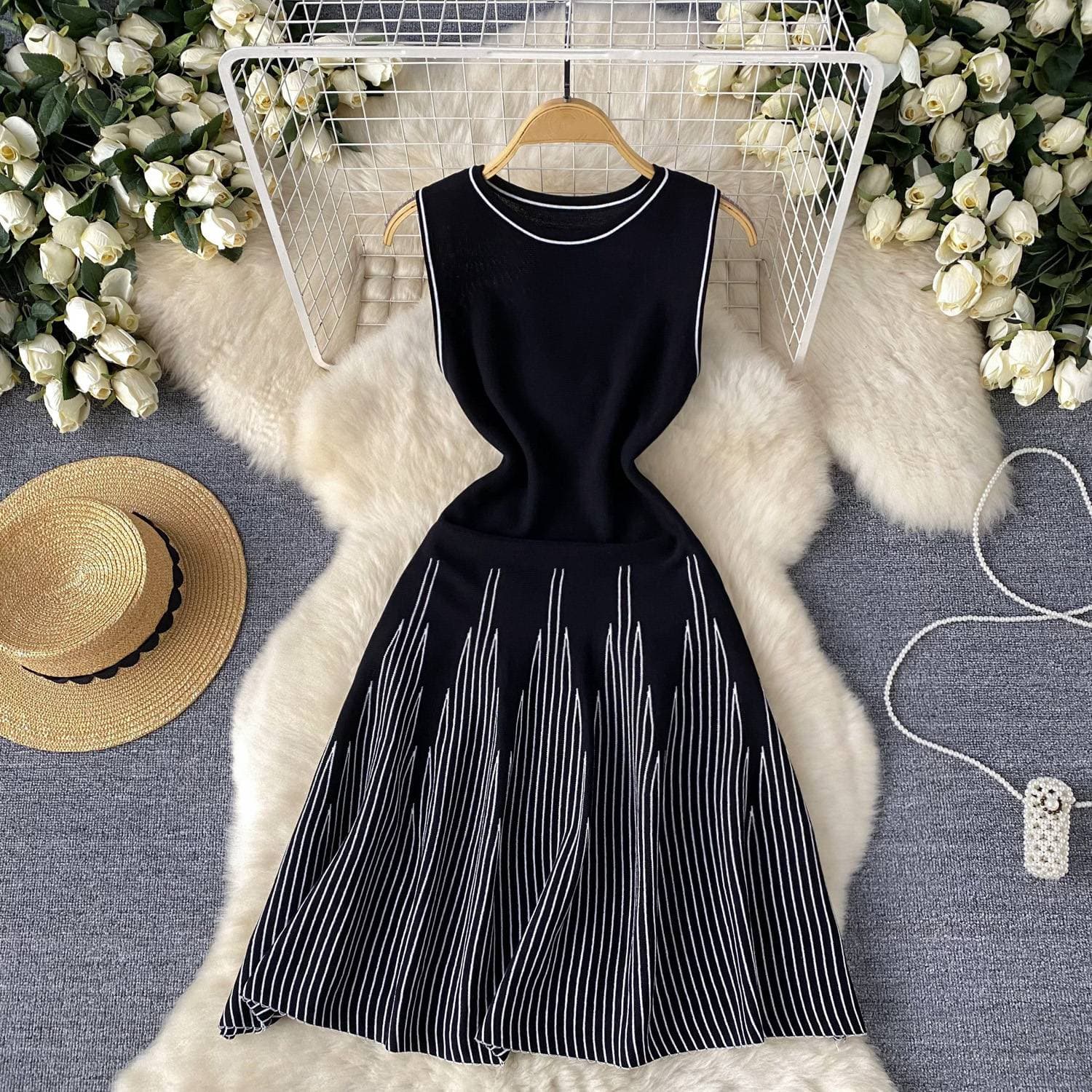 Women's Sleeveless Round Neck Striped Knitted Dress Female Summer Waist Design Niche Fairy Mid-length Skirt