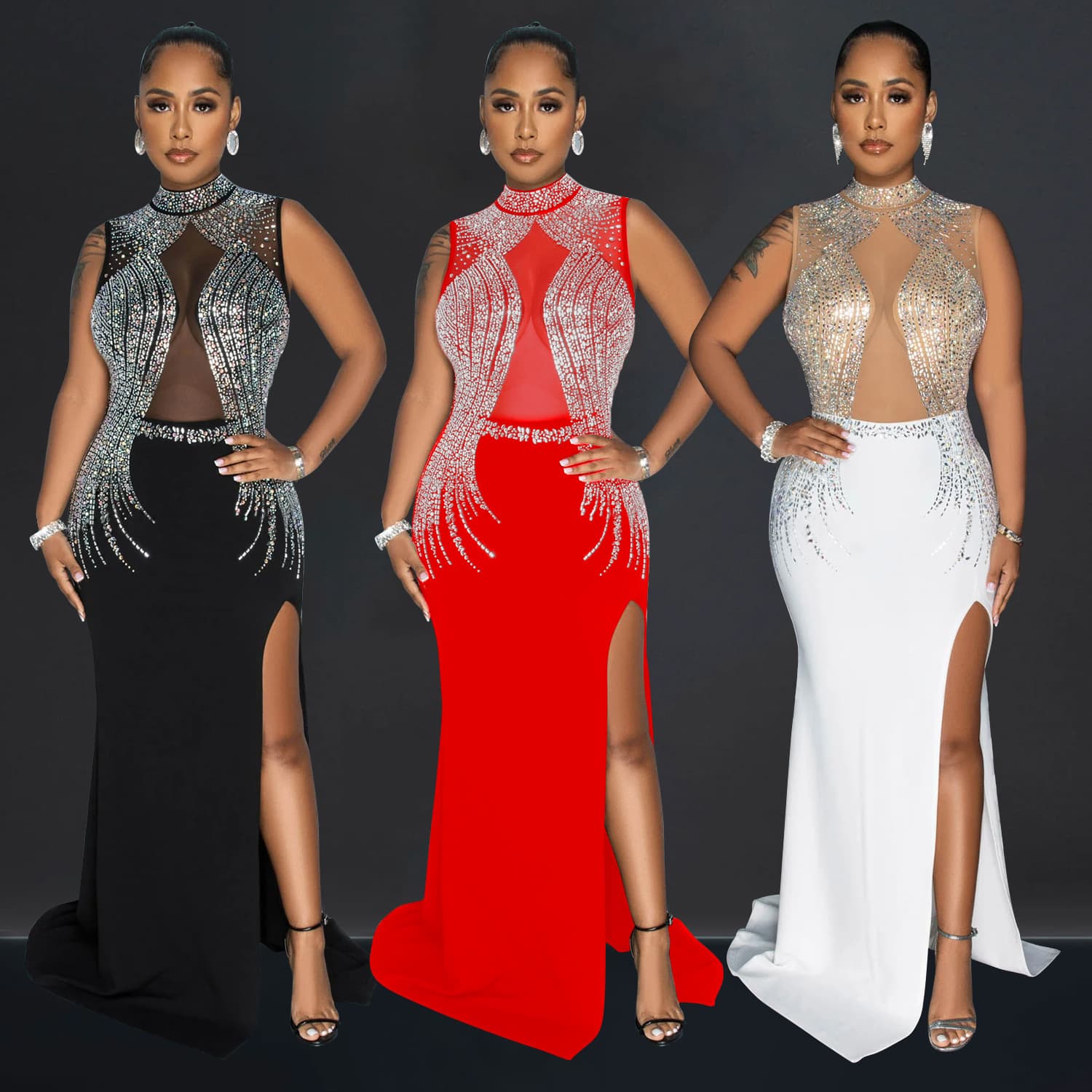 Women's Solid Color Mesh Rhinestone Slit Long Skirt Dress
