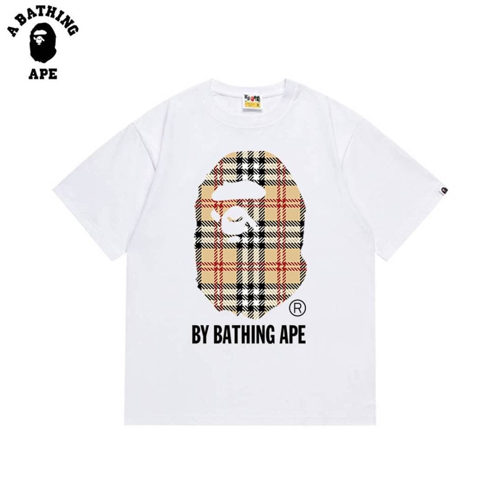 A BATHING APE BAPE&BB Checkered Striped Monkey Head Letter Print High-Quality Pure Cotton Short Sleeved Unisex-12