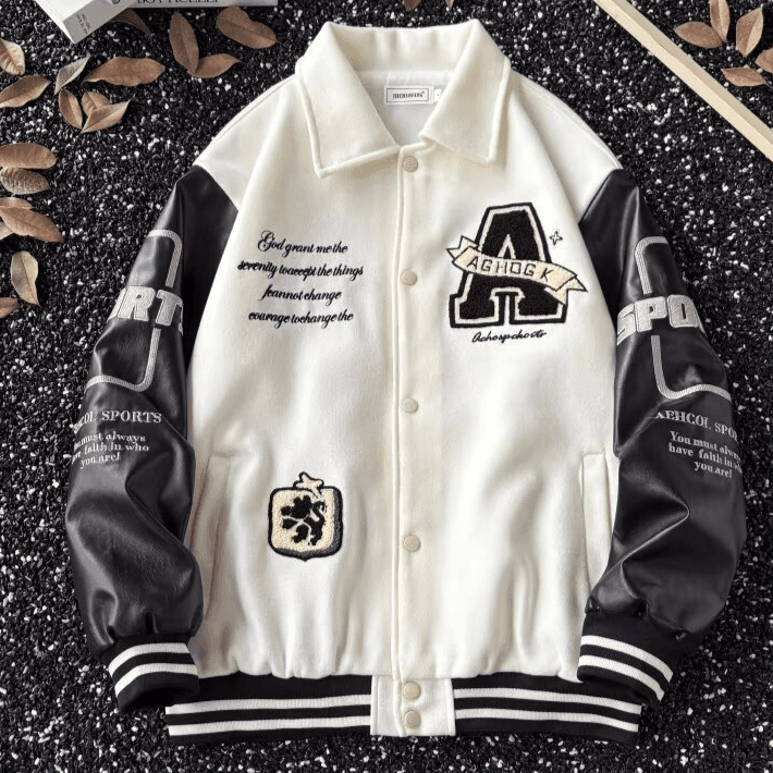 ​​Vintage Baseball Jacket For Men - Cotton Blend Embroidered Loose Fit Casual Streetwear Coat For Teens & Young Adults (Black, Beige)​​
