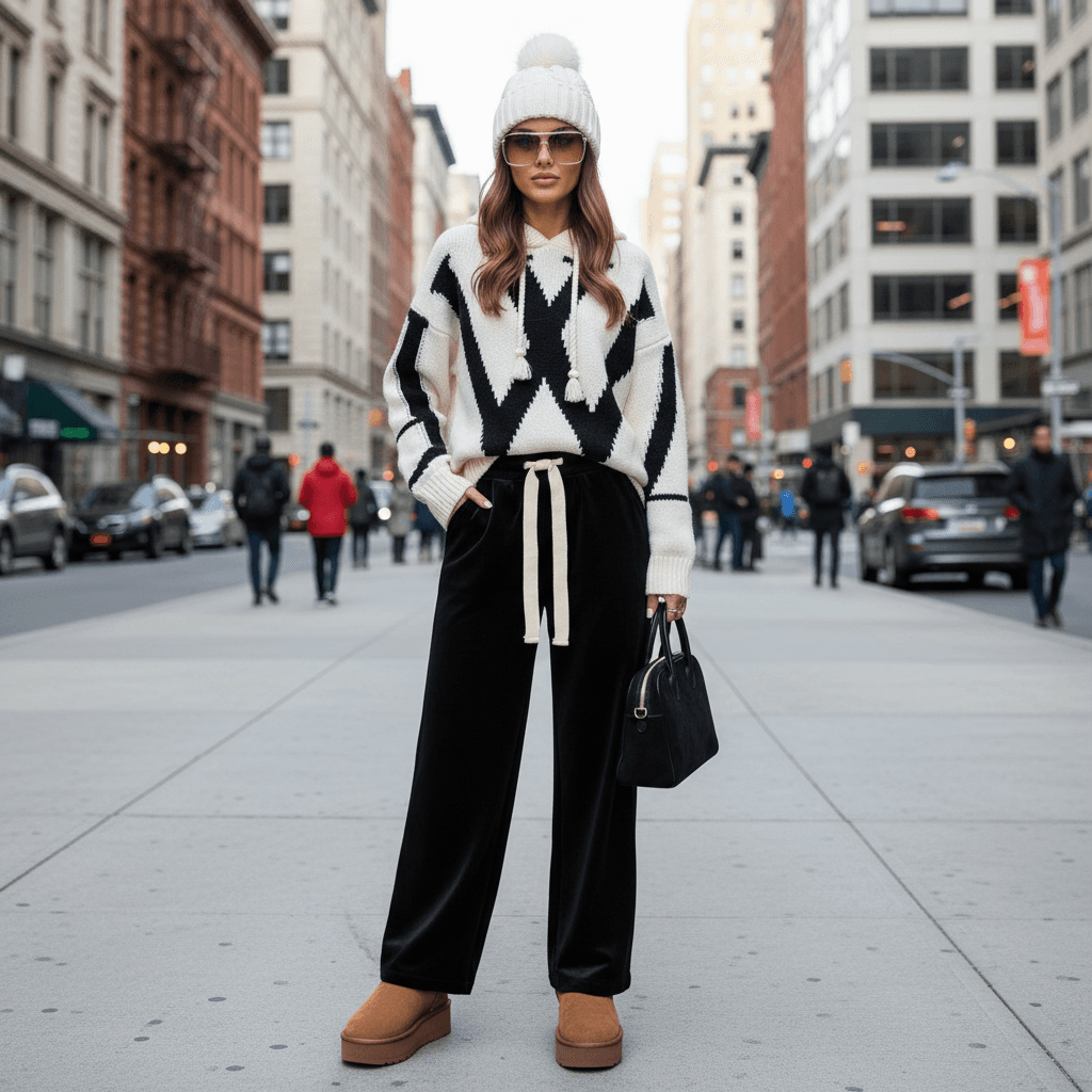 Women's Clothing Salt Light Luxury Suit Meat Covering College Style Hooded Knitted Sweater Wide Leg Pants Two Piece Suit