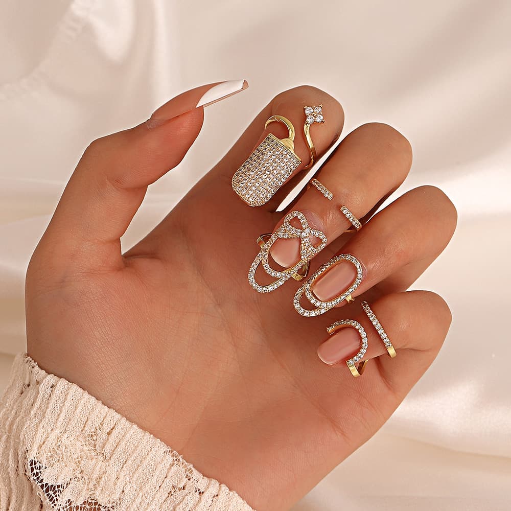 Women Luxury Fingernails Ring Fashion Bowknot Knuckle Nail Ring Decoration Tip Nail Art Charm Crown Flower Crystal Rhinestone Finger Nail