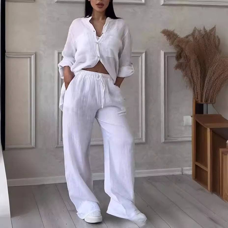 [Cotton Linen] Women’s Clothing Summer New Women's 2 Piece Set Large Size Cotton And Linen Shirt Set High Waist Loose Trousers