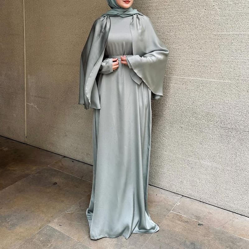 European and American foreign trade cross-border autumn new Middle Eastern Muslim satin robe high waist slim fit comfortable and fashionable two-piece suit