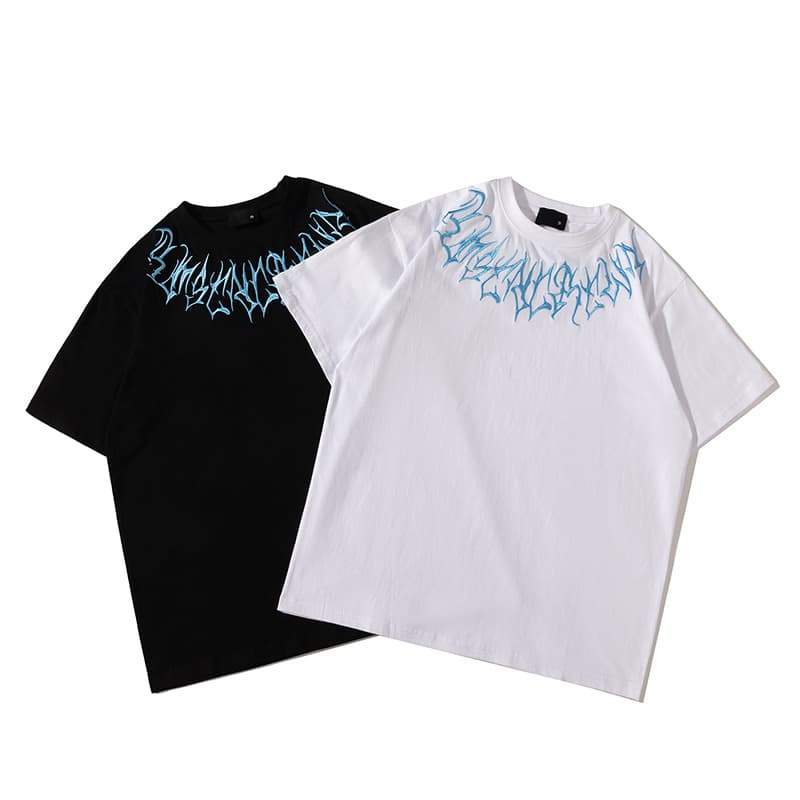 American Style New Scarf Embroidery Pattern Pure Cotton T-shirt Men's Ins Summer New Couple Matching T-shirt Casual Short Sleeved