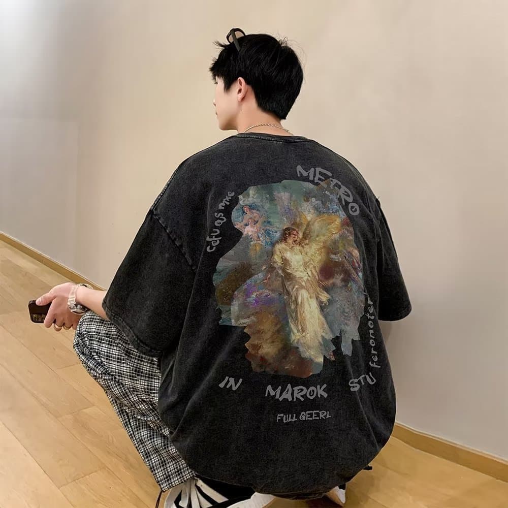 Washed And Distressed Short Men's Spring American T-s, Trendy High Street Cartoon Print, 5/4 Sleeve Half Sleeved