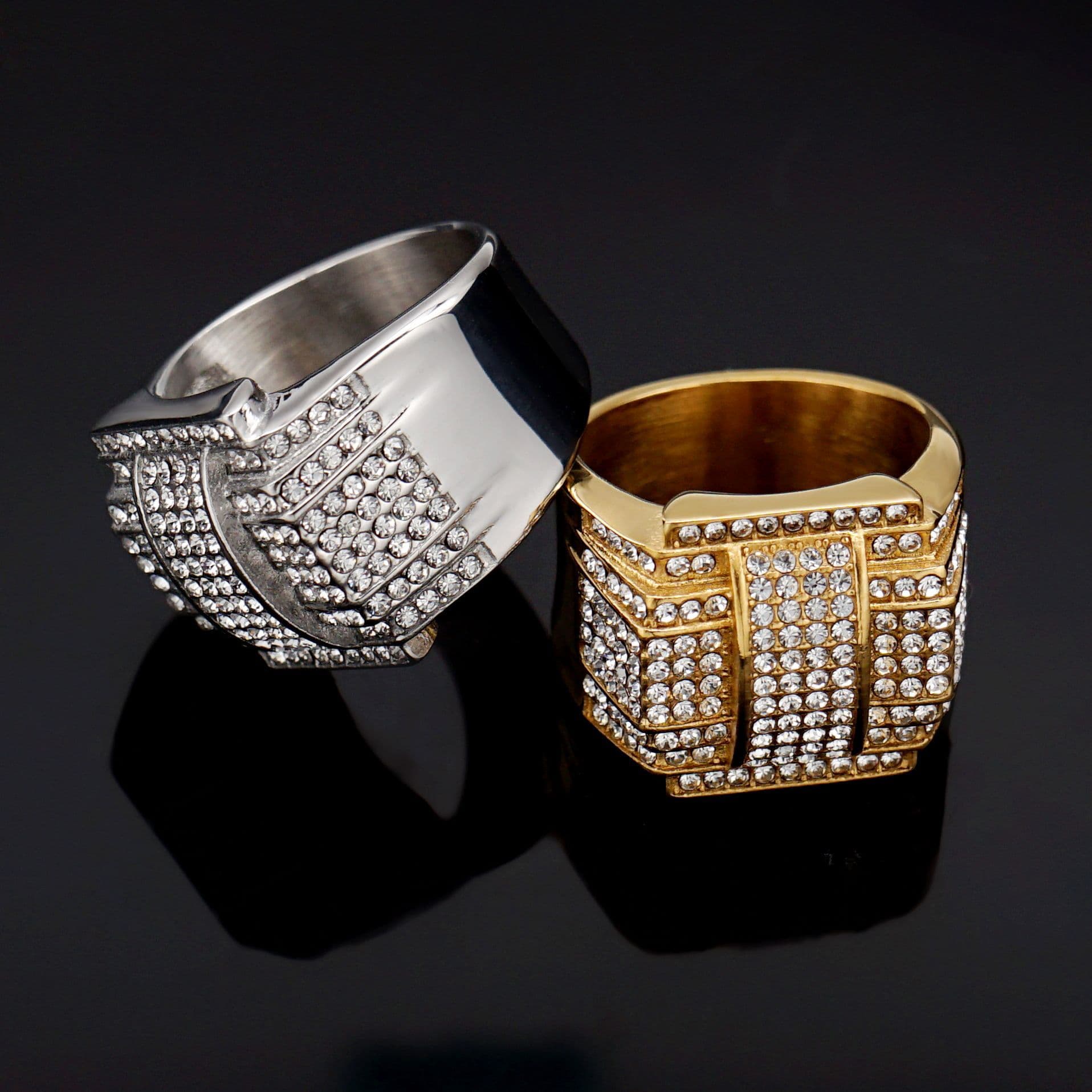 316 stainless steel/titanium steel gold plated full diamond luxury hip hop ring