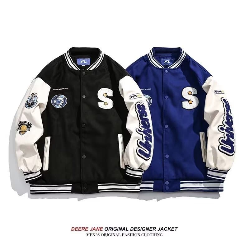 CT American Style Baseball Klein Leather Sleeve Patchwork Sweatshirt Jacket Men Loose Blue Couple Casual Coat