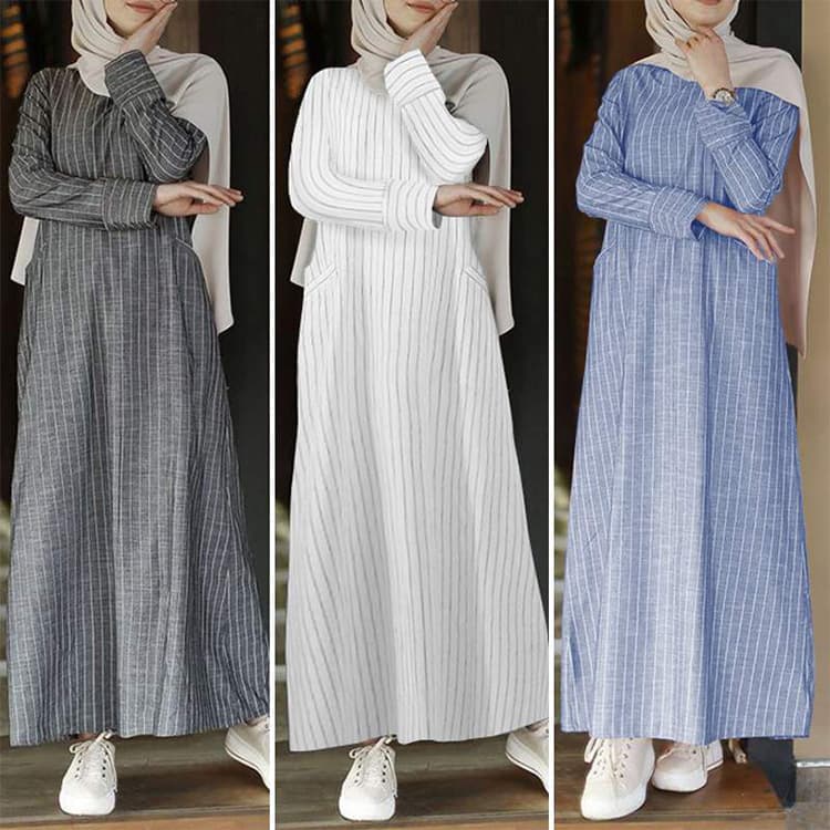 Women's plus size women's long skirt, long-sleeved striped cotton and linen dress