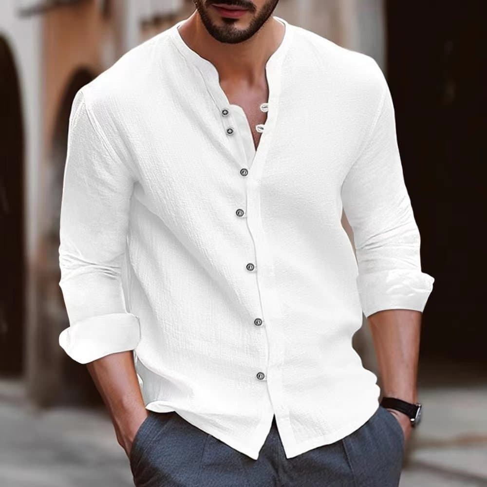 2024 New Men's Cotton and Hemp Casual Loose Long sleeved Shirt
