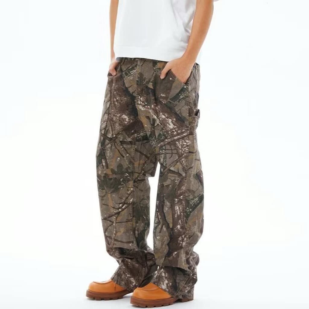 Men's Clothing Baggy Camouflage Pants Tree Branch Camouflage Distressed Workwear Trousers For Men And Women Straight Loose Outdoor Casual Trousers