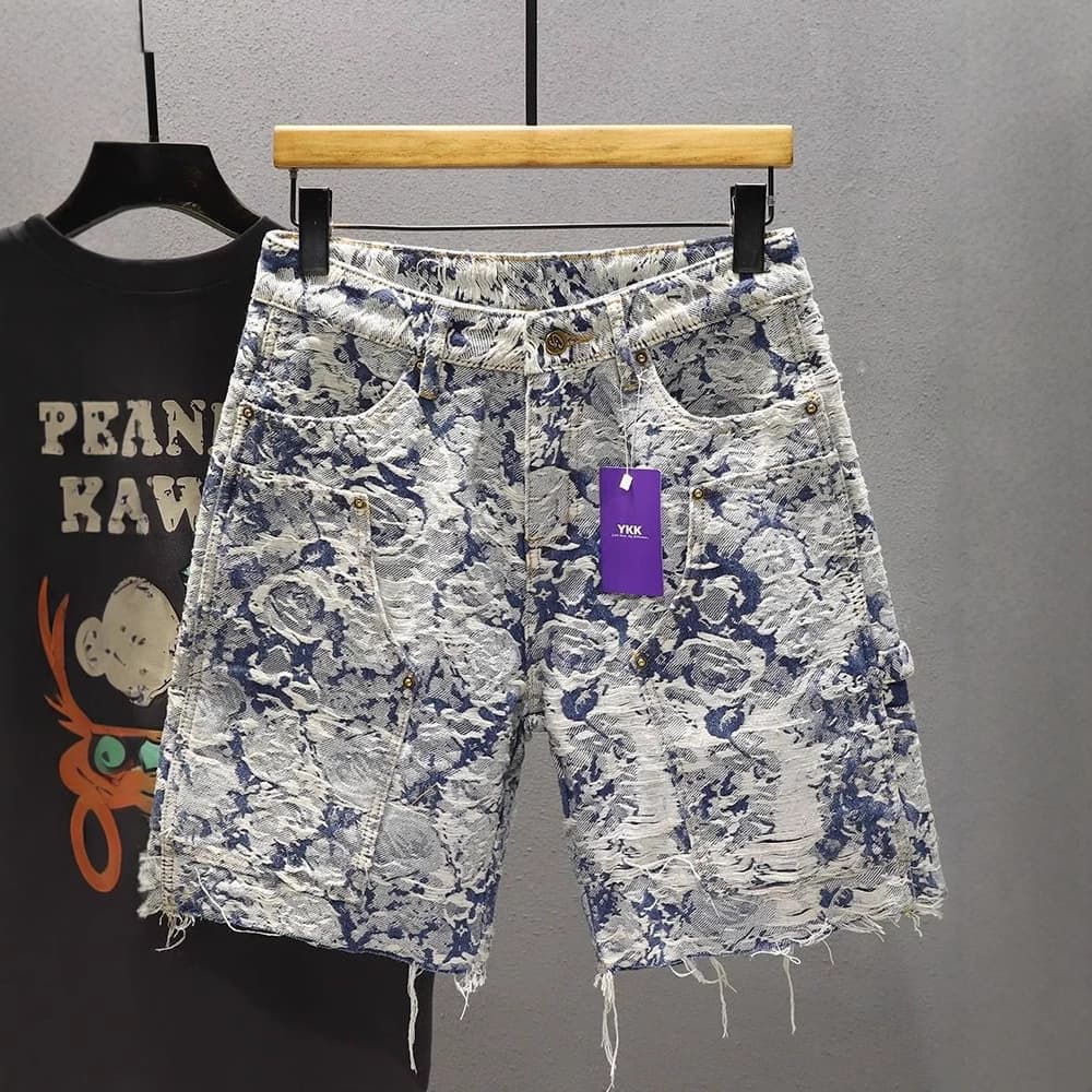 Men's Clothing Men's Summer Loose Versatile Casual Trendy Shorts Fashionable Blue And White Porcelain Casual Pants