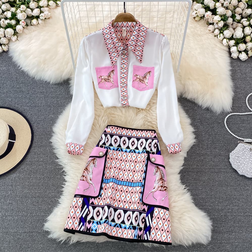 Women's celebrity temperament positioning printed loose long-sleeved shirt two-piece set high-waisted skirt short skirt spring