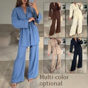 Ensemble élégant chemisier à manches longues et pantalon pour femme - Tenue de bureau confortable, mélange de polyester extensible, tenue printemps-automne