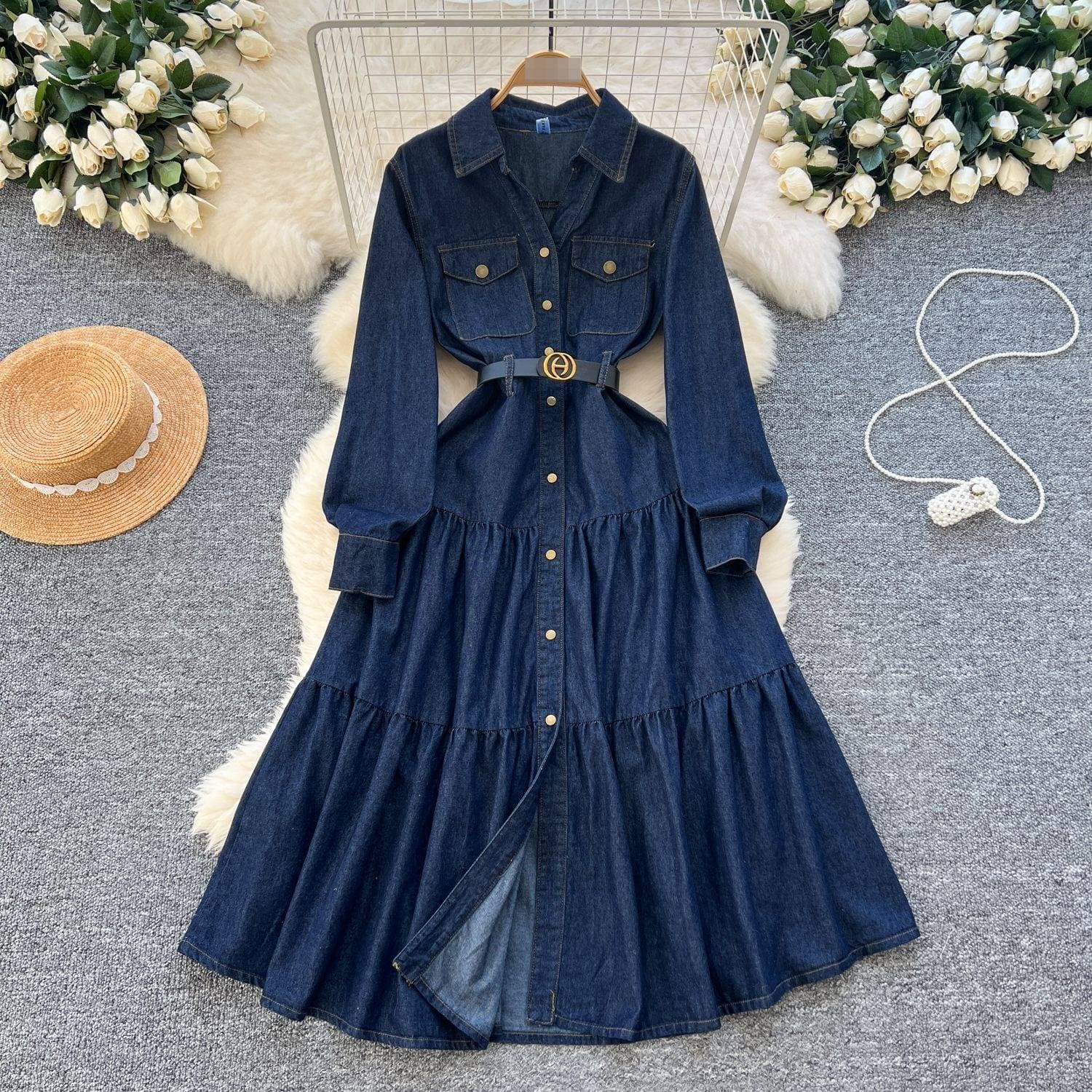 Sophisticated Denim Midi Dress – High-Waisted A-Line With Belt & Polo Collar, Stretch Polyester Blend For Office Elegance (S-Xl, Navy)