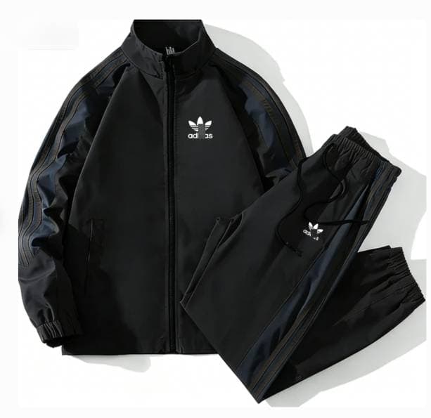 Ensemble de survêtement décontracté pour homme, composé d'une veste zippée à col montant et d'un pantalon de jogging, avec bandes latérales.