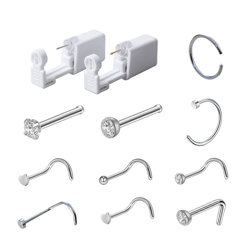Stainless steel nose rings,white stone diamond nose stud gun, nose piercing device, nose stud set