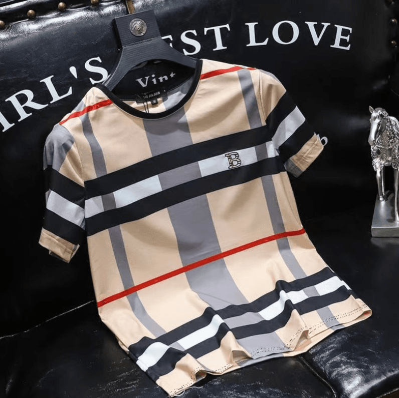 T-shirt à manches courtes pour hommes, nouveau style, en soie glacée, à carreaux, lettre B, impression, tendance jeunesse, grande taille