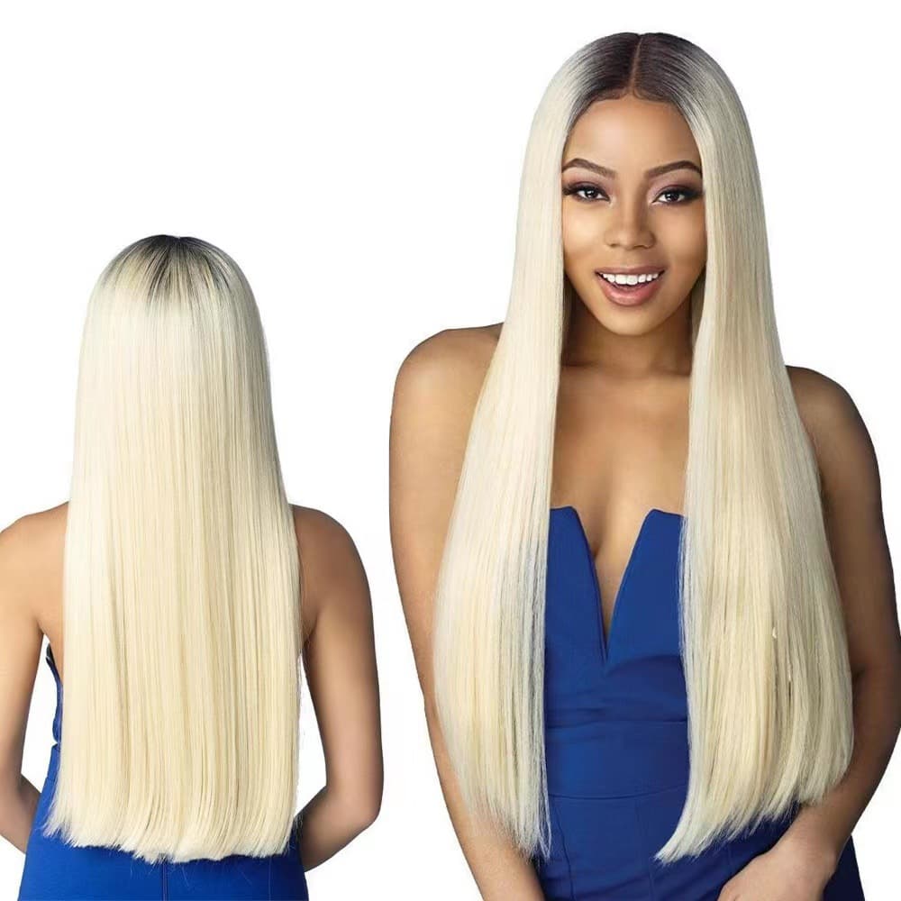 wig women's brown gradient golden middle part bangs long straight hair high temperature silk headgear wig spot