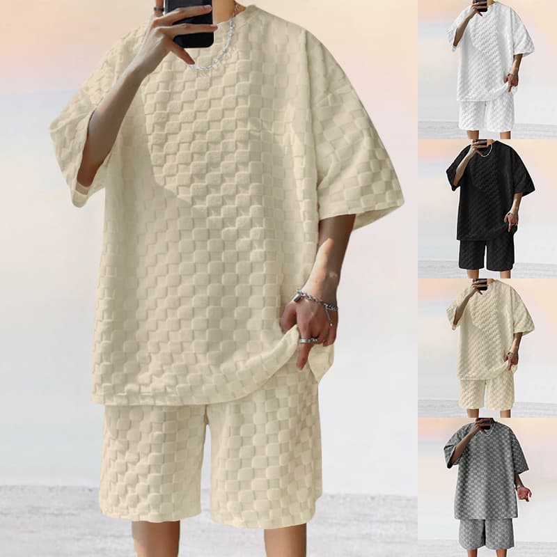 Men's Clothing Summer New Style Jacquard Plaid Short-sleeved T-shirt Loose Large Size Straight Casual Shorts Suit