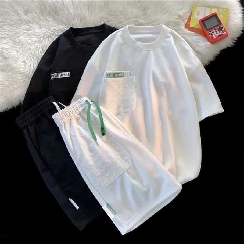 Men's Clothing Love Waffle Suit Men's Summer Loose Hong Kong Style Design Student Shorts Couple Casual Sportswear Two-piece Suit