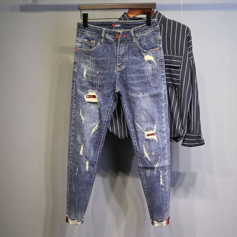 Fashion brand personality men nine holes jeans Korean version Slim Slim Pant Spirit Boy with pants