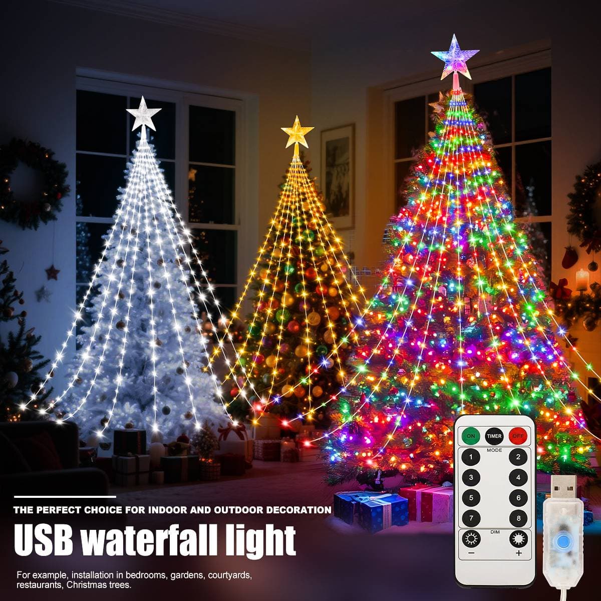 Holiday Lighting Smart Bluetooth Five Pointed Star Waterfall Light 3.6m Christmas Decoration Hanging Tree Trailer Light LED Starry Sky Flowing Water