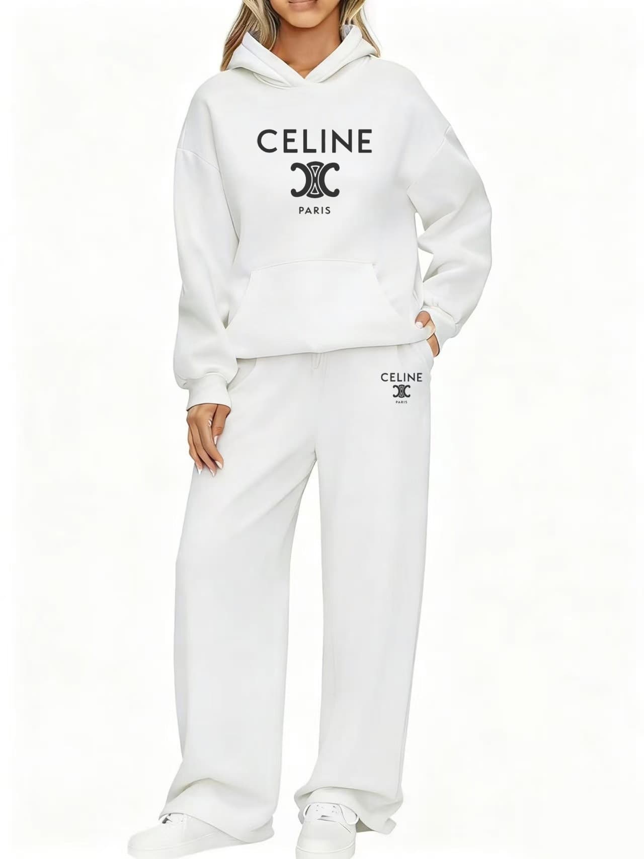 Ensemble de survêtement femme à capuche et pantalon de jogging, tenue décontractée, manches longues, style streetwear.