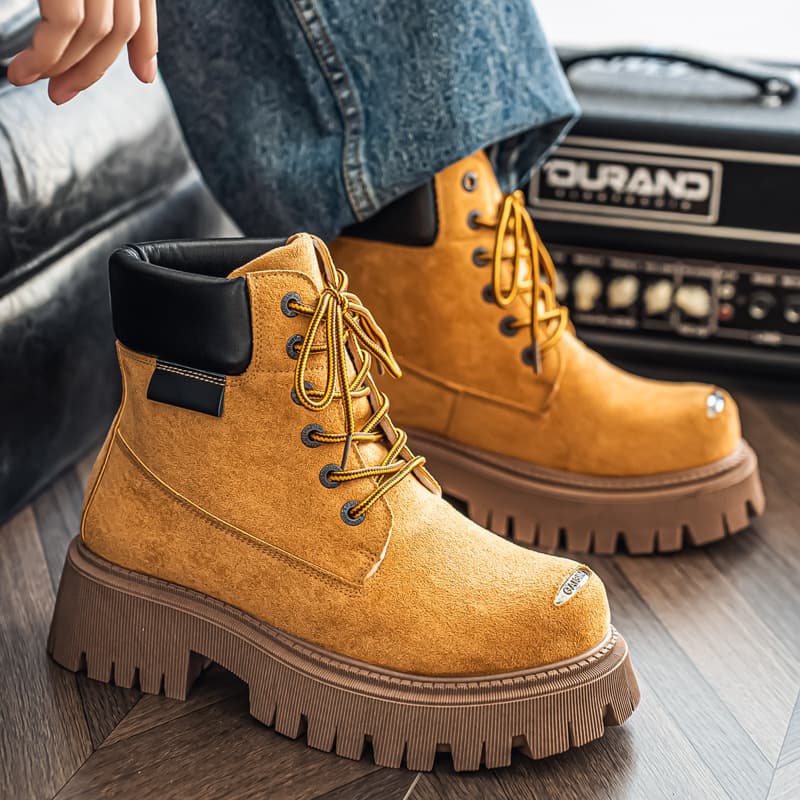 Men's Shoes High Top Yellow Boots, New Autumn/winter Style, Trendy Retro American Casual Martin Boots, Outdoor Fashion Motorcycle Ankle Boots For Men.