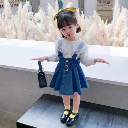 Kids Clothing wholesale girls suit autumn new style children's cute big lapel shirt plus denim overalls skirt two piece suit