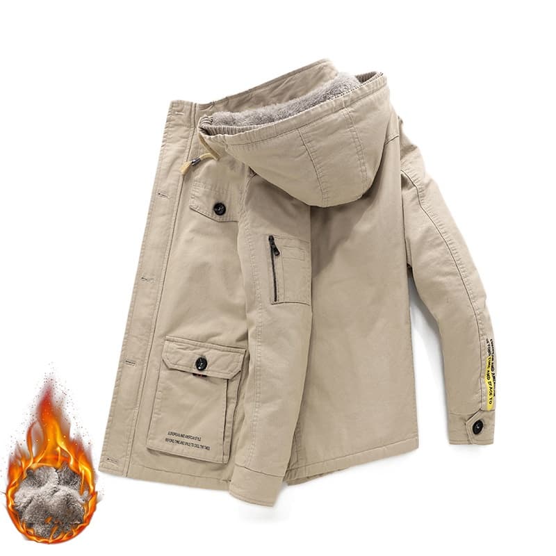 ​​Men's Winter Cotton Jacket With Fleece Lining, Workwear Style Long Coat For Cold Weather, Loose Fit Plus Size Hooded Parka