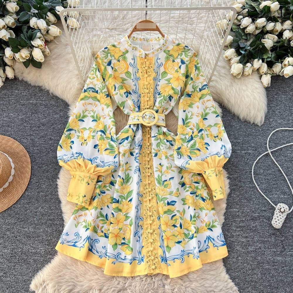 Court-Inspired Floral Print Dress With Lantern Sleeves – High Waist A-Line Midi Dress For Women (Yellow, S-Xxl)
