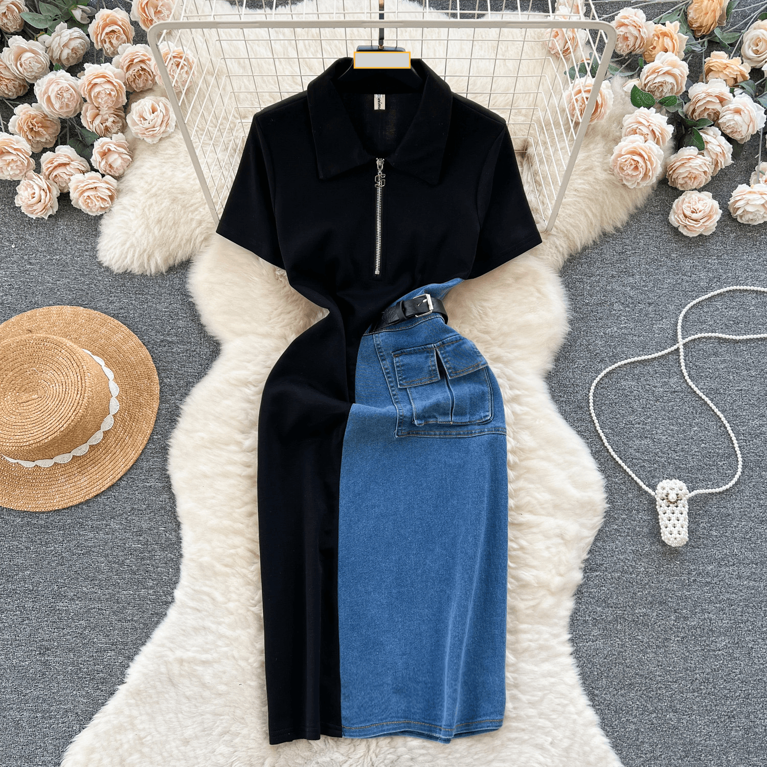 Women's Clothing retro denim skirt women's design sense contrast color stitching slim fit medium and long short sleeve temperament dress