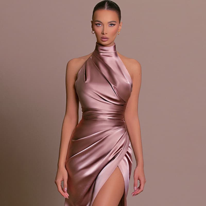 Women's halter neck sleeveless slit slim dress dress 2023 autumn new stand collar long skirt