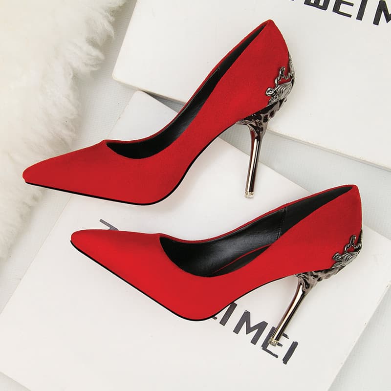 women's pointed toe single shoes women's shoes wedding shoes red bridal shoes metal hollow suede stiletto high heels