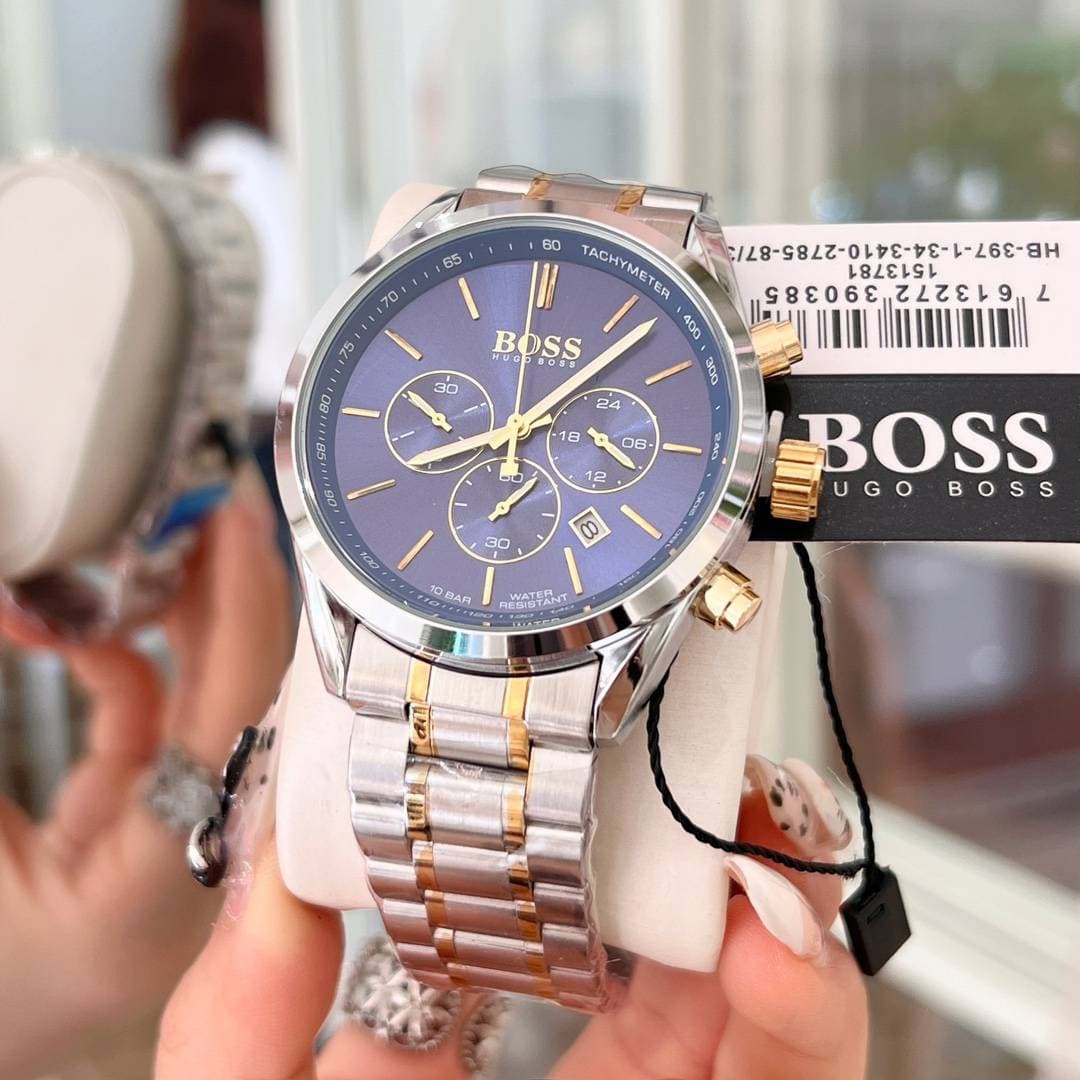 Montre à quartz BOSS avec bracelet en métal, or et argent, chronographe, étanche à 10 bars, élégante pour le travail et les loisirs