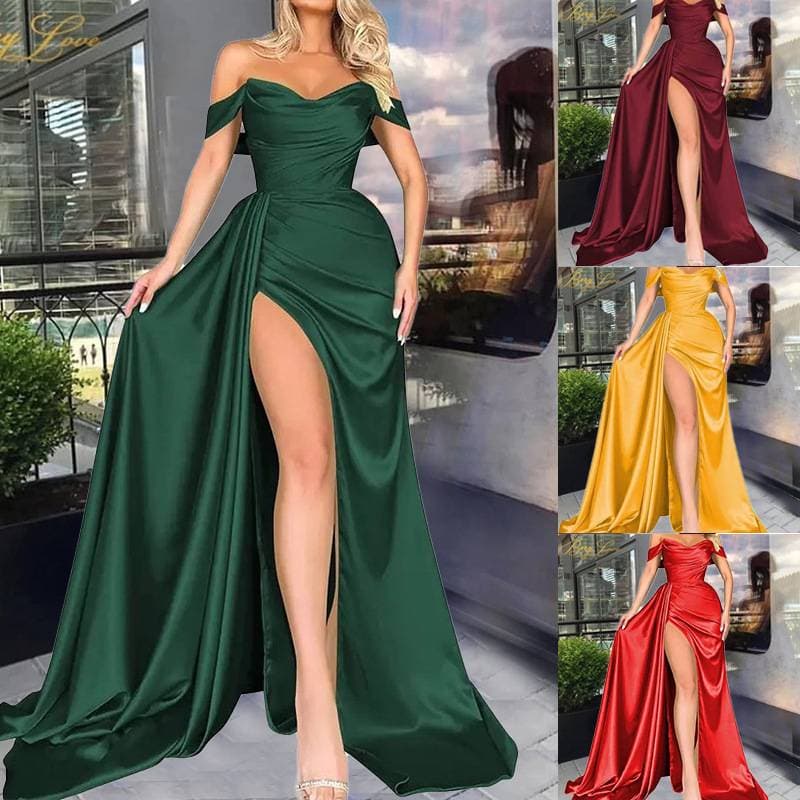 Women's Banquet High Slit Sexy Host One-shoulder Slimming Party Evening Dress