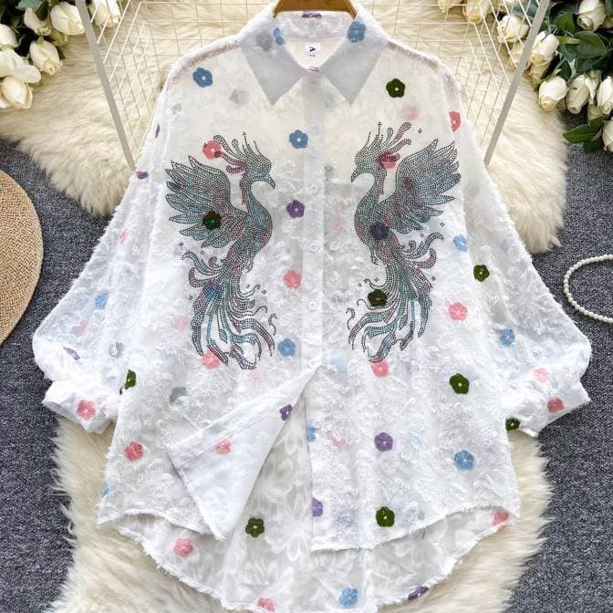 Women's Clothing Autumn New Fashion Heavy Hot Diamond Flower Embroidery Loose Slim All Match Shirt