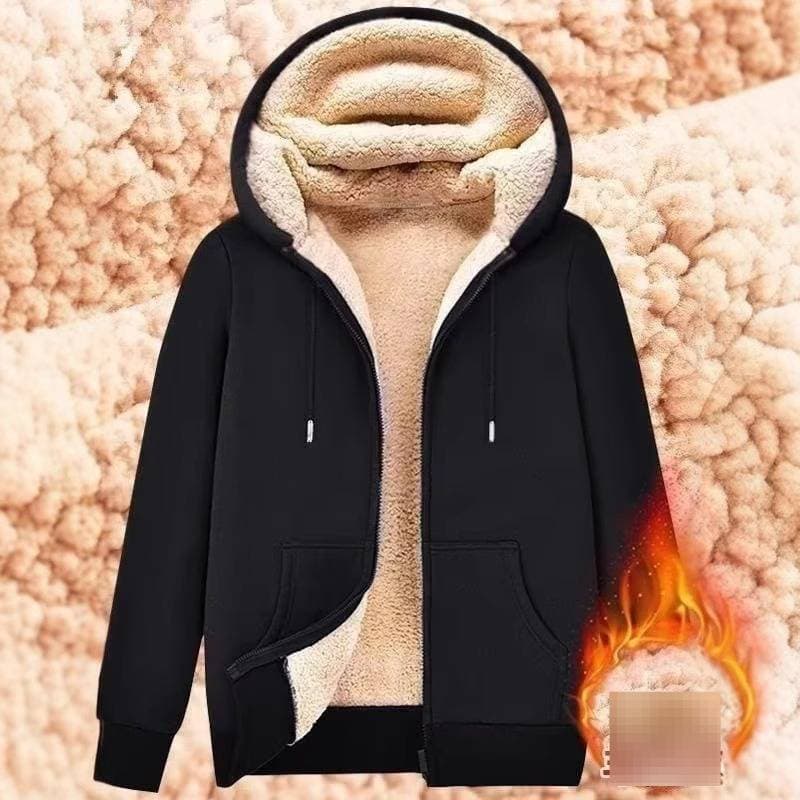 ​​Women’s Fleece-Lined Hooded Jacket – Soft Lambskin Plush Coat (Black/Gray, Sizes M-5XL)​​
